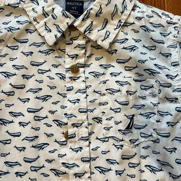 Nautica White Short Sleeve Button-Down with Navy Whale Print - Picture 2 of 5